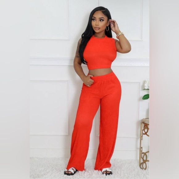 Pants - Tomato Red Two Piece Sleeveless Crop Top Pants Set